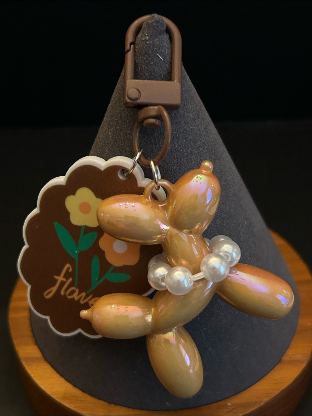Mint Beige or Brown Balloon Dog Keychain Zipper Pull with Flower Tag NWT - Picture 2 of 8